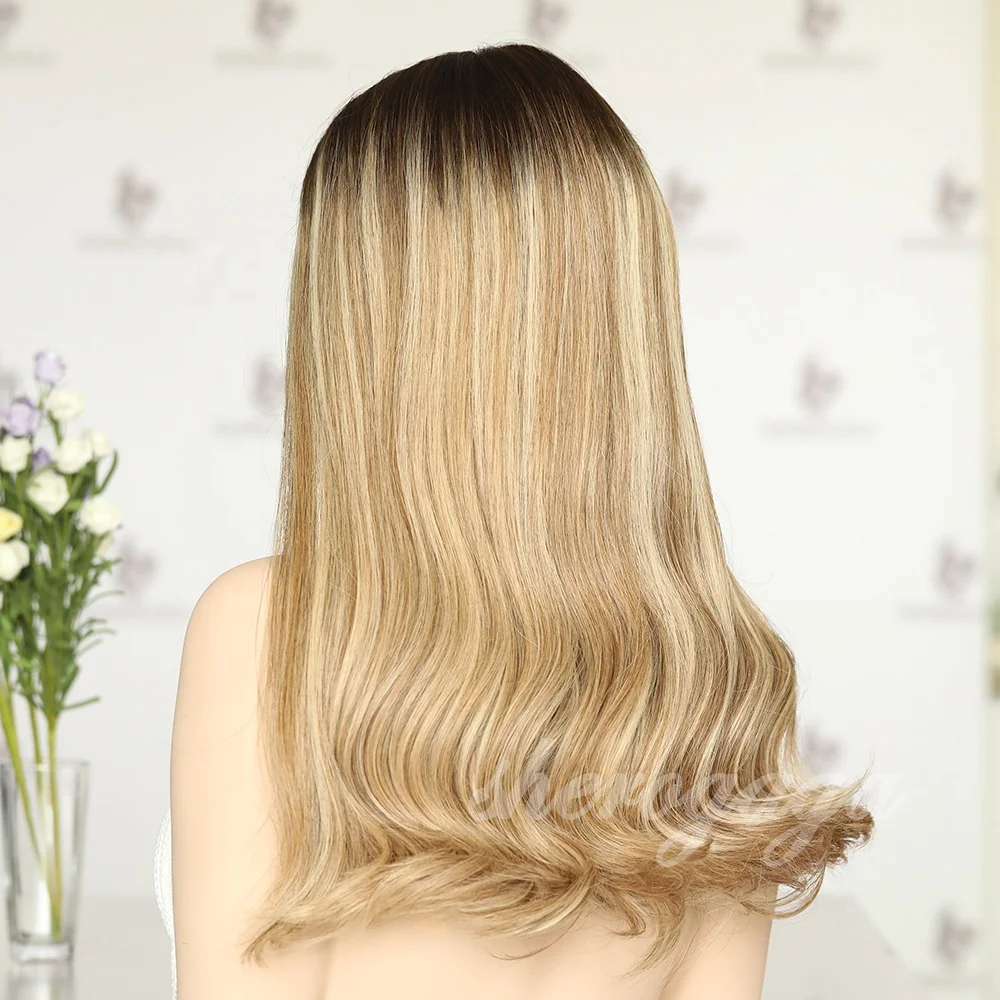 22 Inches Dark Hair Root Ash Blonde Highlights Lace Top Jewish Wigs Ready To Ship Jewish Wig Kosher Wigs