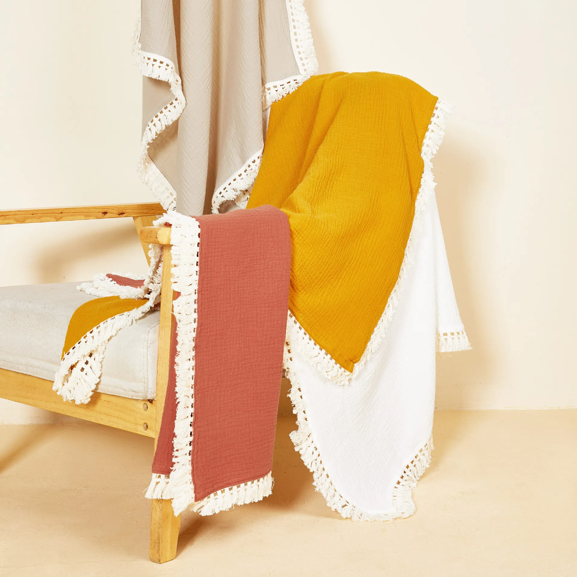 Customization Cozy Soft Breathe Double Layer Reusable Organic 100% Cotton Muslin Baby Throw Blanket With Tassel
