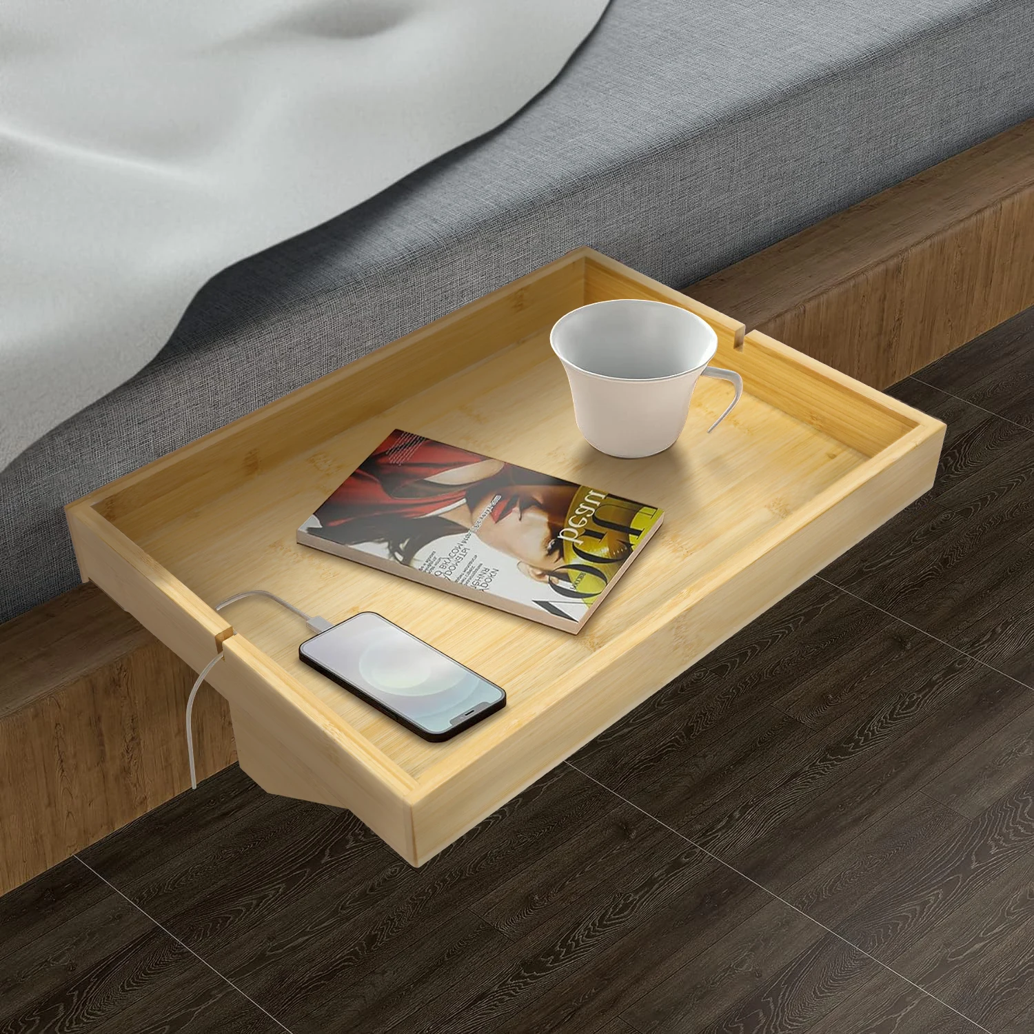 GL Home Furniture Removable Bamboo Bedside Shelf Table Adjustable Clip On Tray Living Room Storage Organizer Shelf