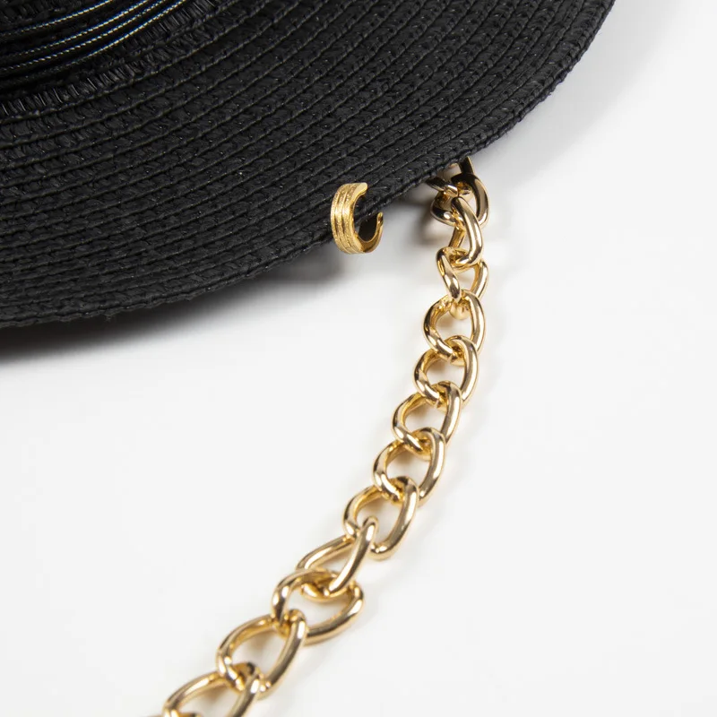 Women Fashion Retro Paper Braid Straw Panama Hat with Metal Words Pin Ring and Chain Chin Strap