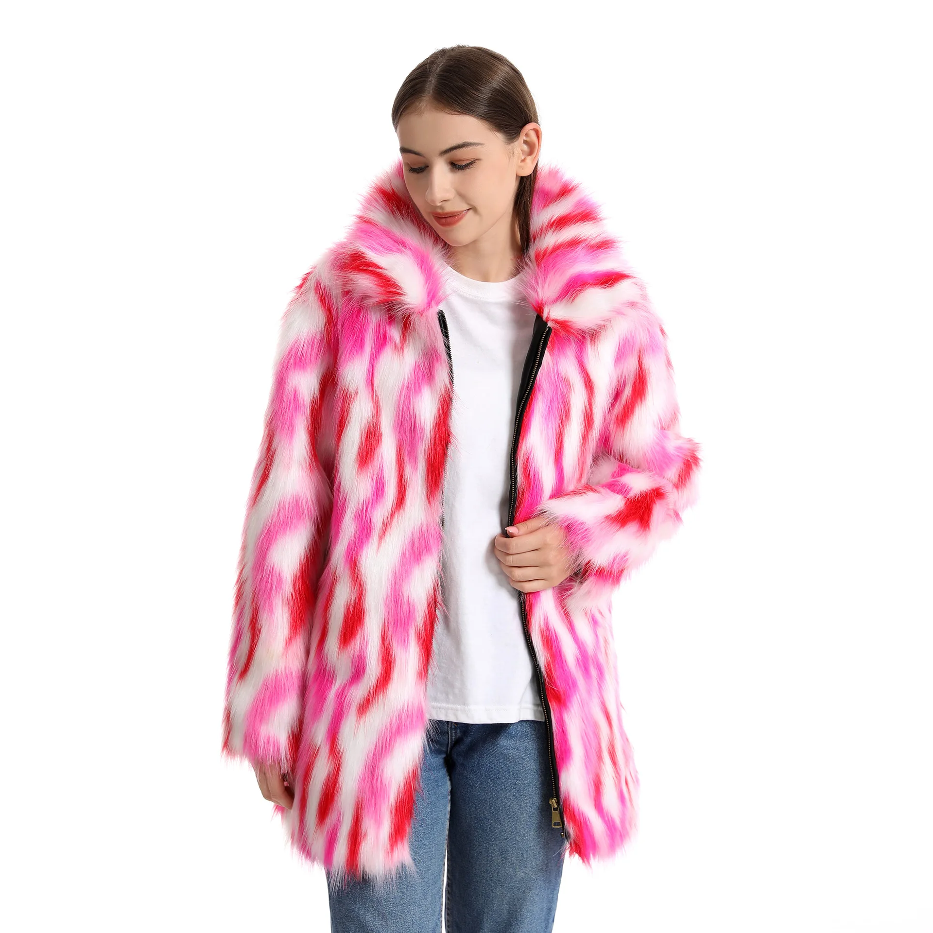 Custom faux fur coat  Wholesale WOMEN HOODED FAUX FUR COAT Colorful  rainbow Elegant Thick Faux Fur Coat