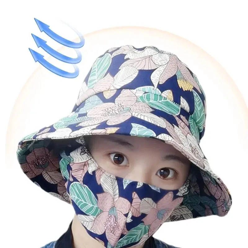 Spring Summer Outdoor Sunscreen Breathable Flower Print Cap For Women Girl Sun Protection Fisherman Hats Bucket Hat With Mask