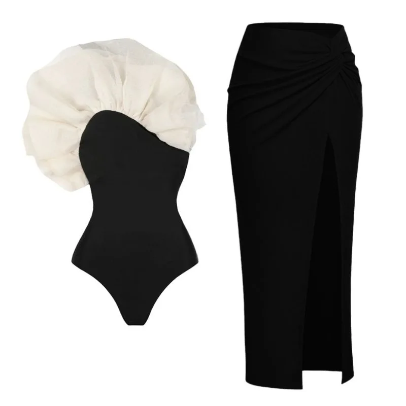 Sexy Swimwear Blue One-Shoulder Ruffled Print Floral Swimsuit Set Girls Summer Beach Cover Up Single Piece Micro Monokini