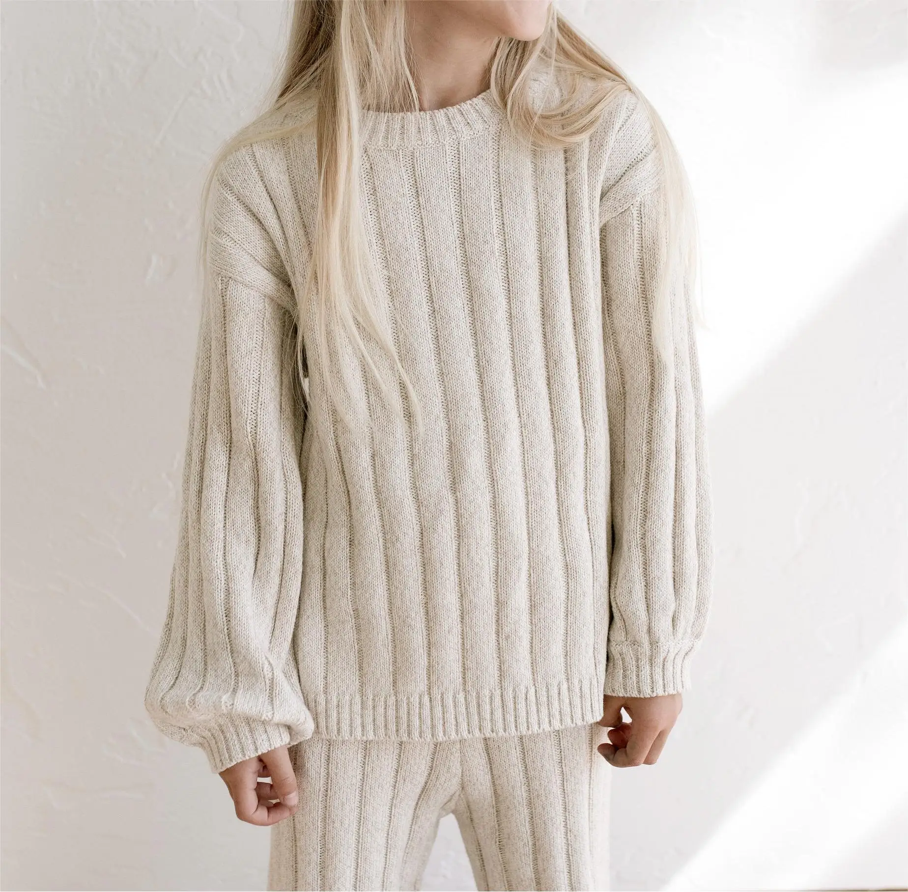 2024 Knitwear Manufacturer Custom Child Girls Wide Ribbed Knit Pullover Jumper Cotton Crewneck Kids Boy Thread Sweaters