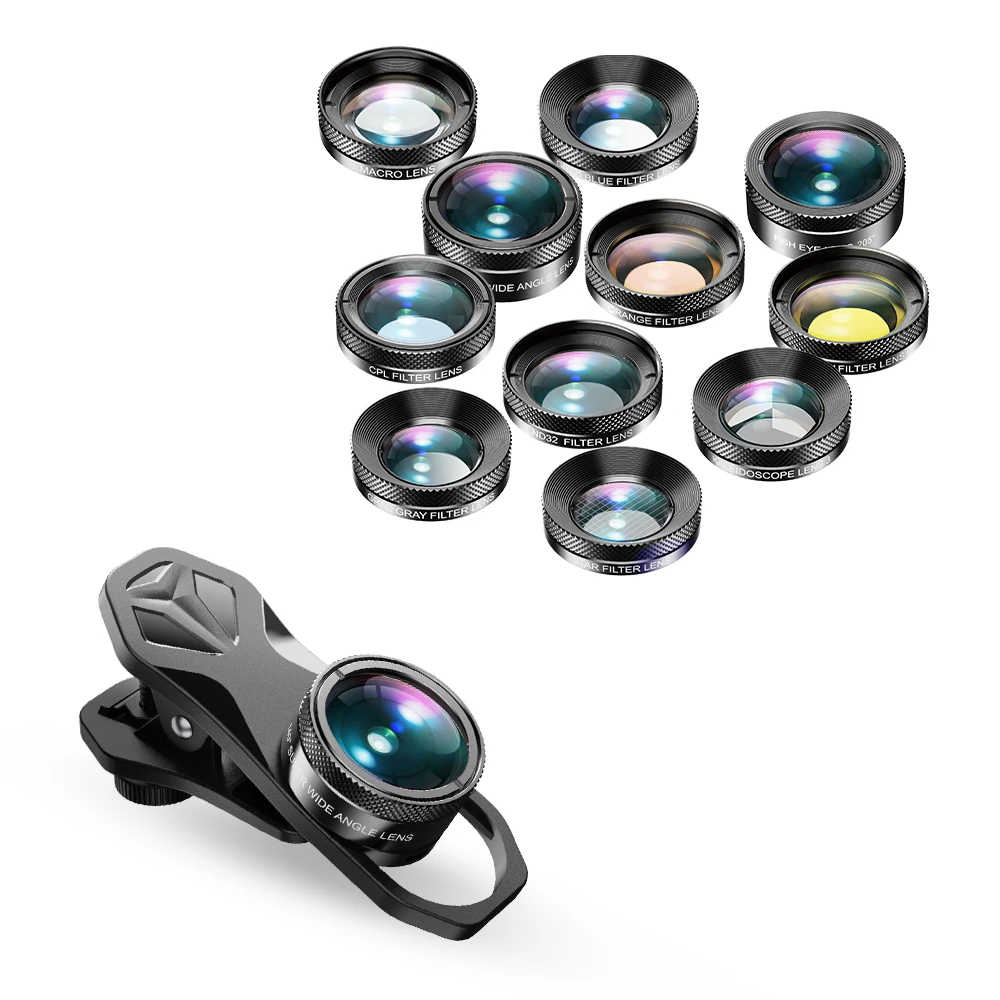 New Trending Apexel 11 in 1 Cellphone Lens Kit Wide macro lens Kaleidoscope color star filter fish eye lens