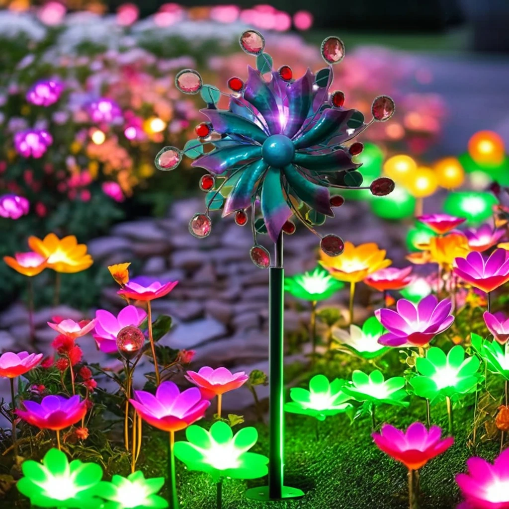 Jewel Tone Multi-Color LED Lighting Glass Ball Solar Powered Kinetic Wind Spinner Garden Decorative Solar Garden Lights
