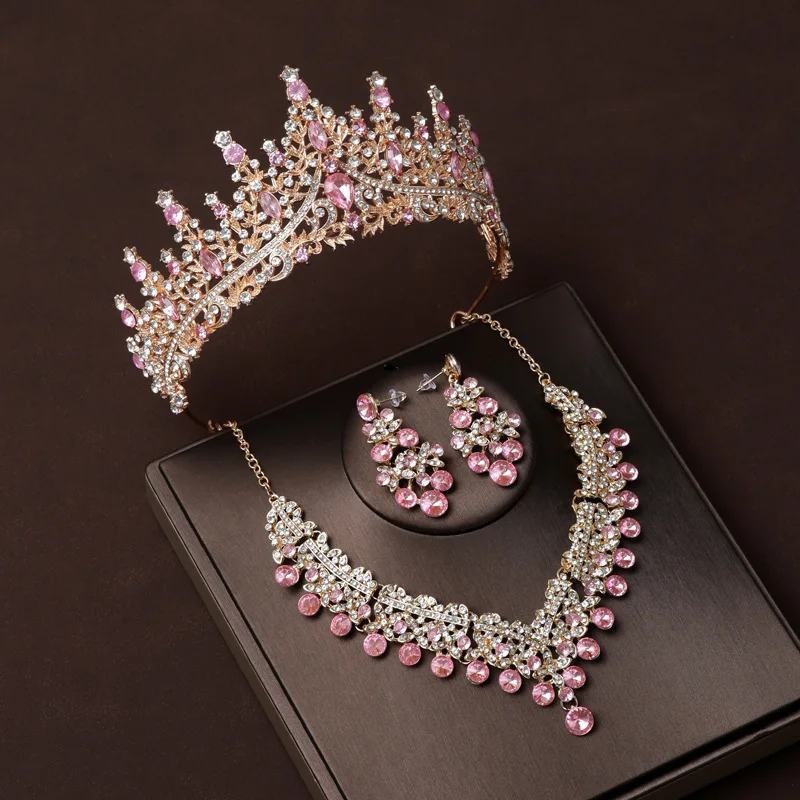Wedding bride Tiara Main Wedding dress Birthday hair accessories Pink diamond retro luxury necklace earrings three piece set