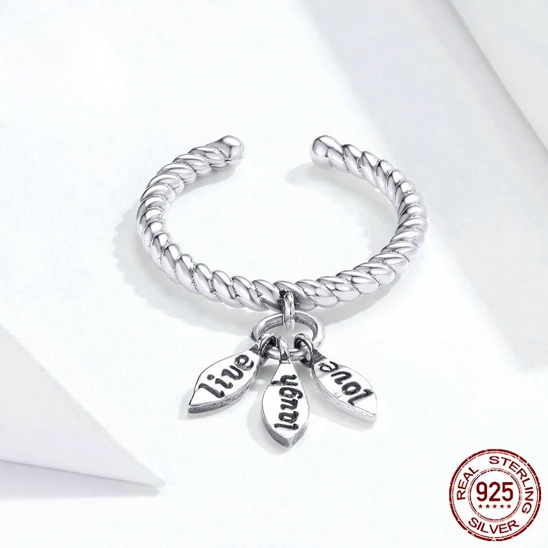  925 sterling silver jewelry twisted leaves letter love life charm open rings