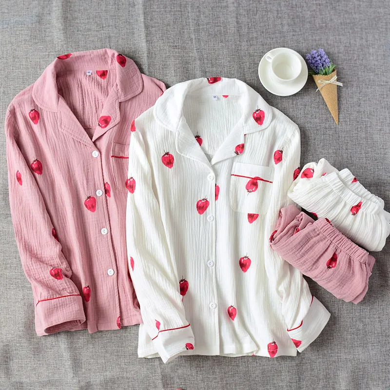 Cute Strawberry Printed Long sleeves V- Neck nightgown Women Sleepwear Cotton Pajama Set for Women