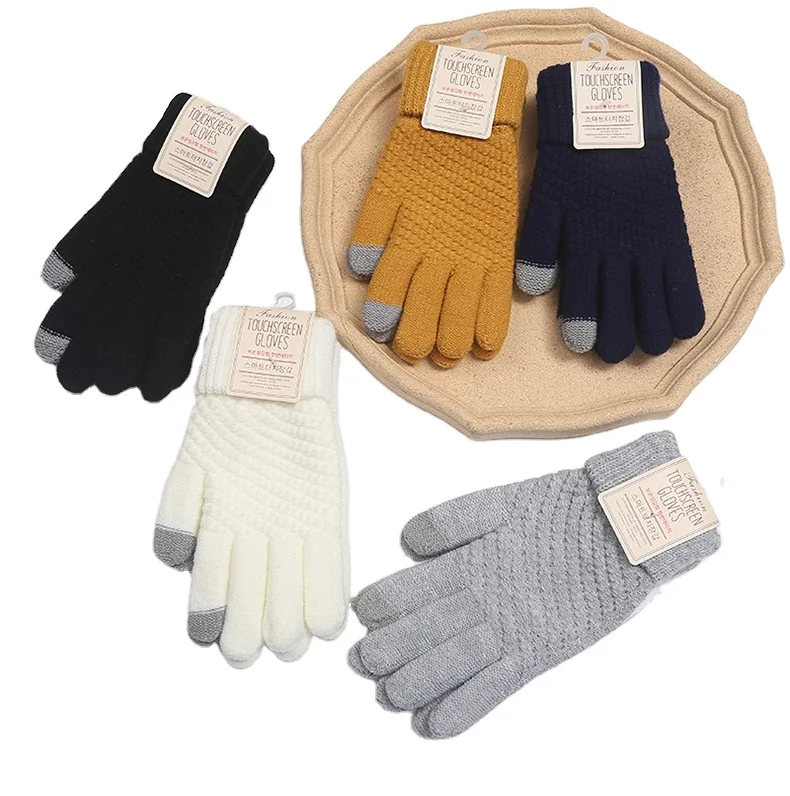 Wholesale winter plush and thick coldproof cute cycling touch screen warm woolen knitted gloves