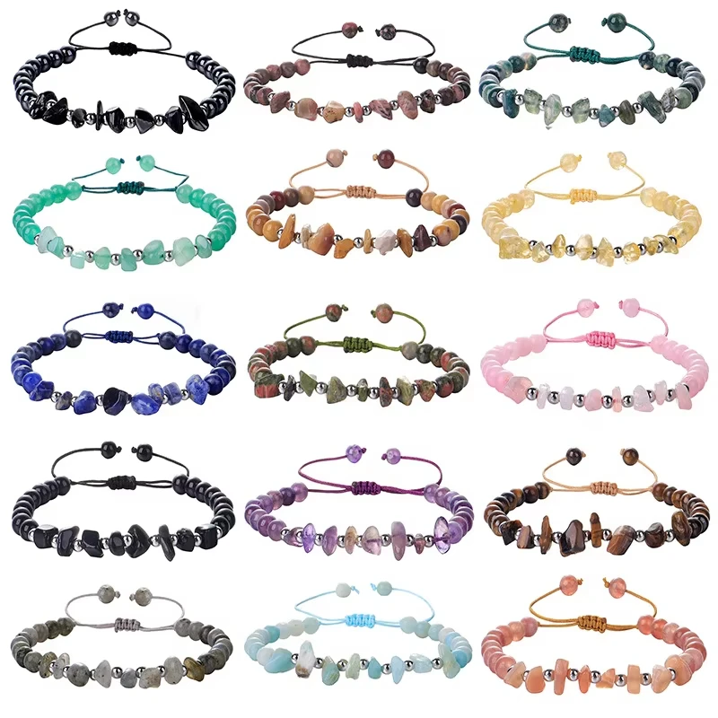 Fashion Natural Crystal Stone Bracelet Crystal Chips Natural Stone Tiger Eye Amethyst Macrame Cord Adjustable Gem Lucky Bracelet