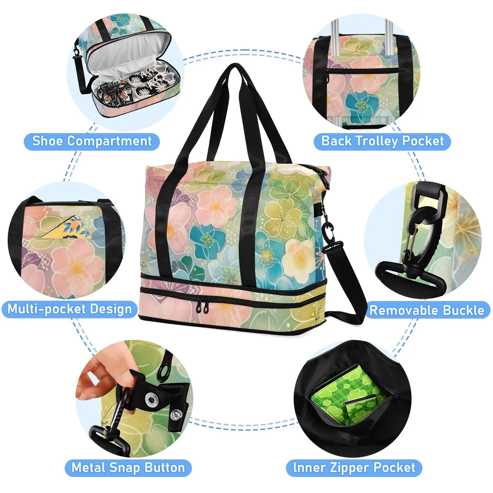 Hawaiian Custom Flower Print Wholesales Travel Foldable Bags 32L Lightweight Duffel Large Sport Gym Bag For Travel