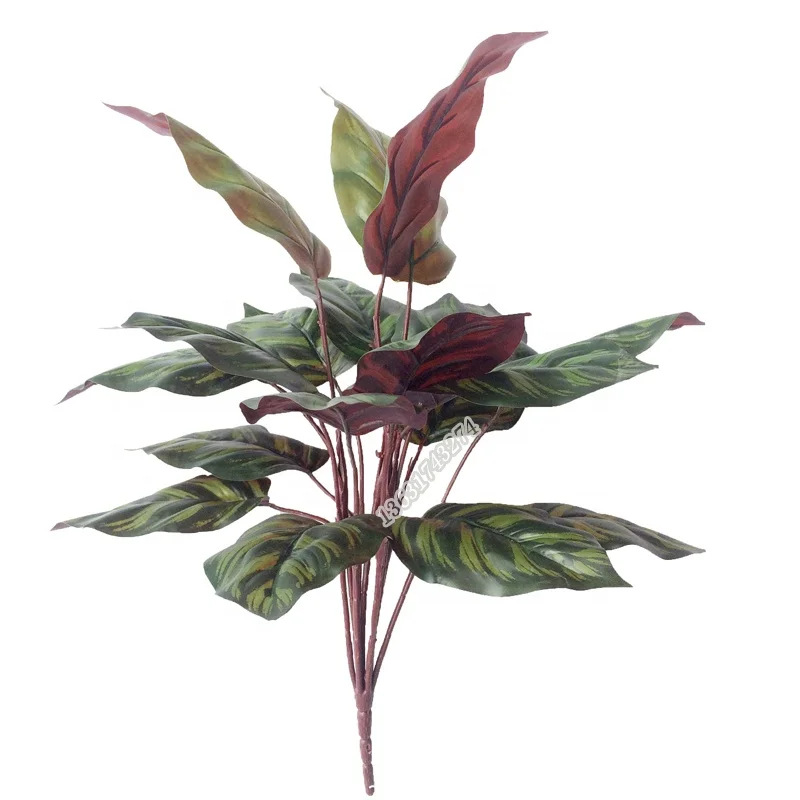 Factory wholesale cheap red Calathea fake plant artificial leaves for pot decoration