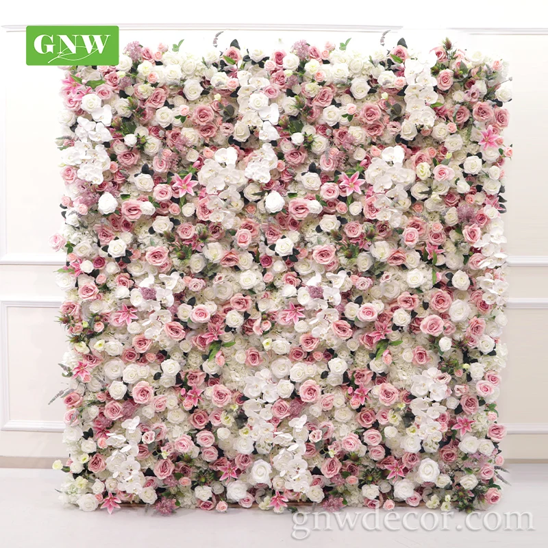 Roll Up Fabric Plastic White Rose Peony Arrangement Silk Artificial Flower Wall Panel Wedding Decoration Backdrop