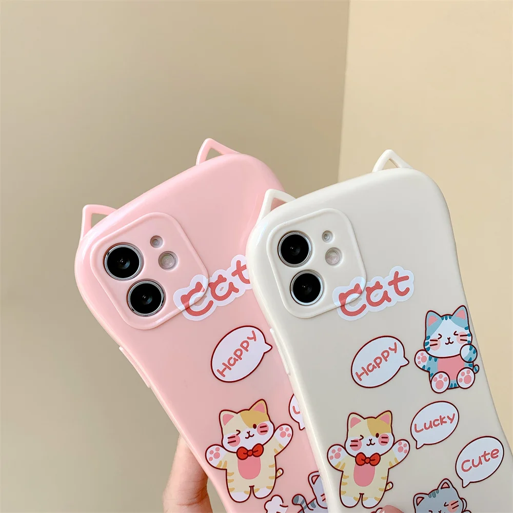Kawaii Pink 3D Cat Ear Cartoon Animals Soft Silicone Printing Mobile Cover Phone Case For iphone 11 12 13 Xs Xr 7 8