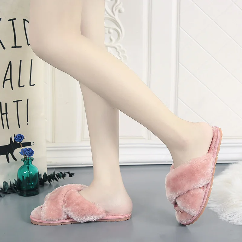 Wholesale Fashion Girls Ladies Home Luxury Plush Fluffy Faux Furry House Winter Fur Bedroom Slippers For Women