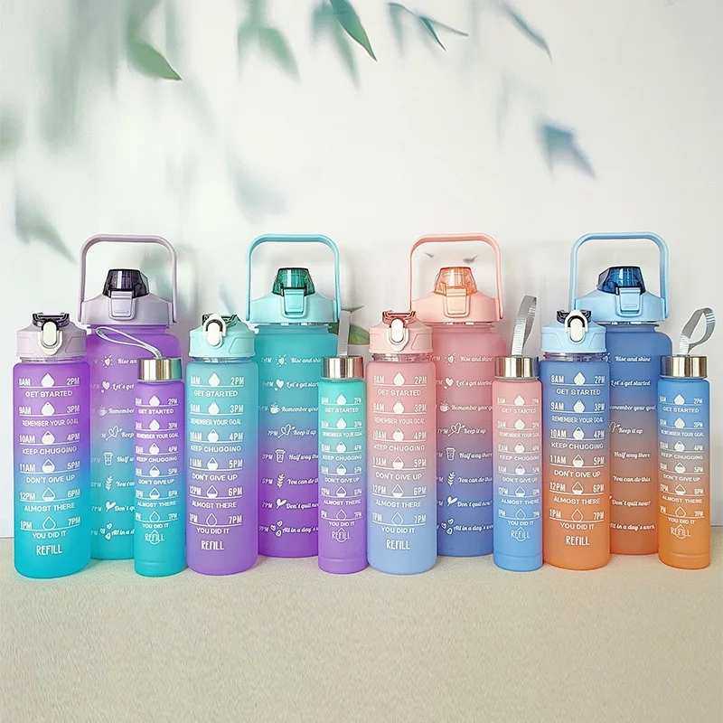 3 set Plastic Sport Gym Motivational Bottle Flip Top Cover Drink Water Bottle With Time Marker Straw Strainer