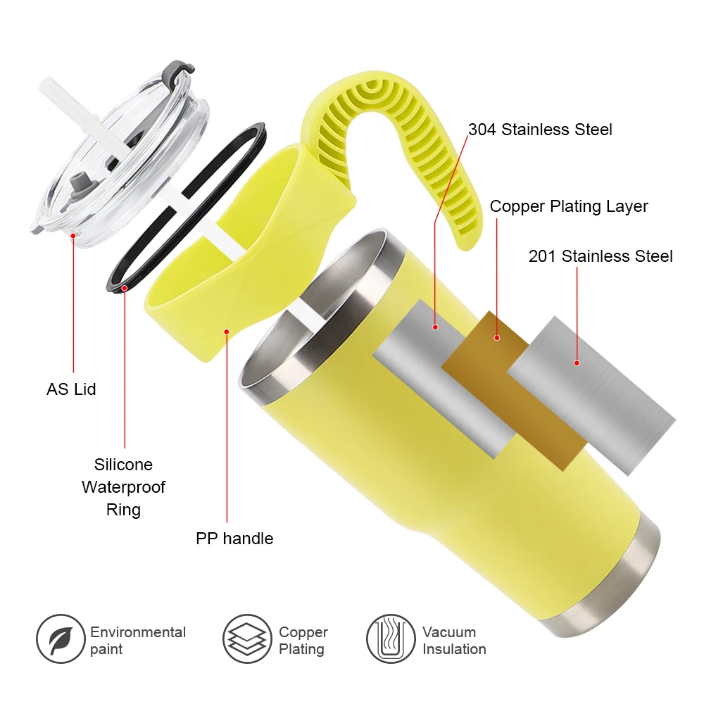 Wholesale 30OZ Insulated Double Wall Coffee Tumbler Cups Mugs Private Label Stainless Steel Water Flask Lid Handle Metal