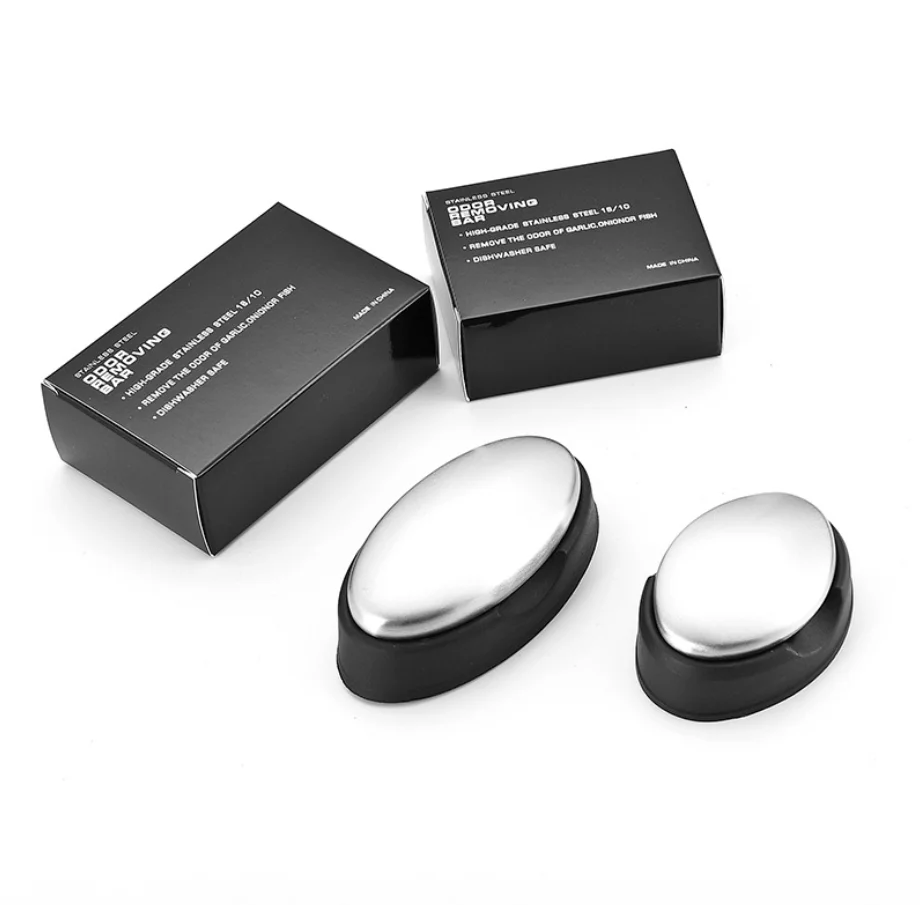 Stainless steel Soap Kitchen Bar Eliminating Odor Remover Garlic Deodorize Magic Soap Cleaning Hand Soap black Base Oval Shape