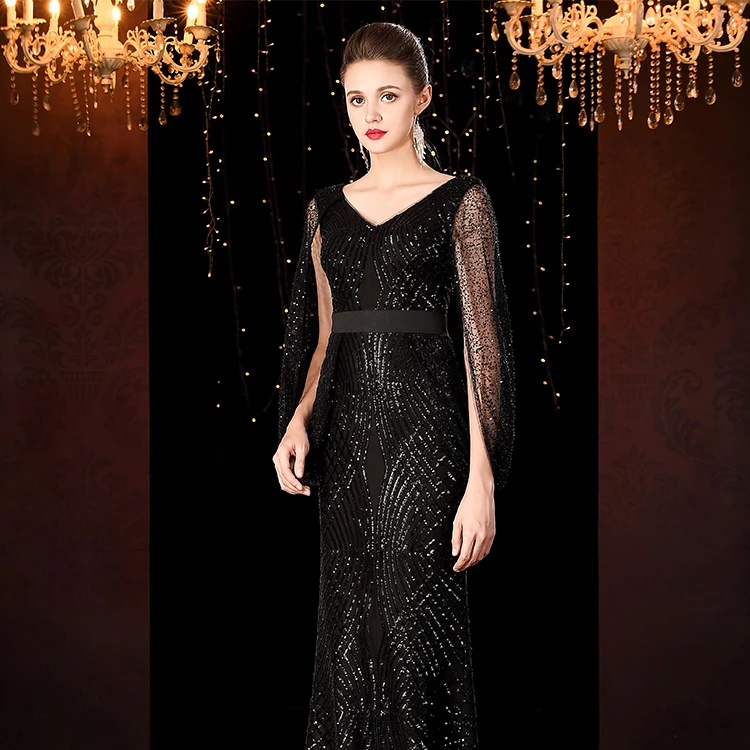 Latest Design Lady Dress Sequins Embroidery Zipped Scoop V-Neck Sashes Eweep Train Mother Of The Bride Dress