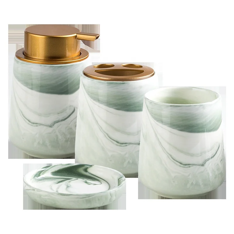Moozi Nordic Ceramic Marble Bathroom Set 4 Piece Washroom Light Luxury stones Bathroom Foaming Soap Dispenser Bottle