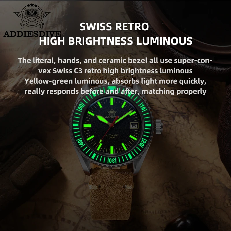 Мужские популярные спортивные механические часы addiesdive в стиле ретро, Водонепроницаемость 200 метров, мужские часы с автоматическим механическим механизмом NH35A