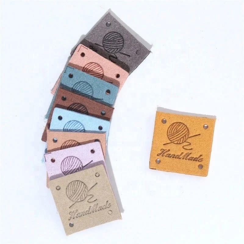 In Stock Microfiber Suede Pu Leather Label Handbag Labels Handknits Tags Knitted Items With Rivets