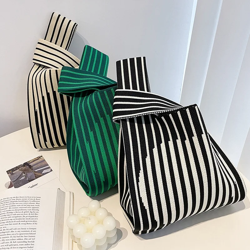Retro Plain Solid Color Handheld Knitted Bag Wrist Bag Korean Style Small Striped Bag Versatile Knitting Handbag for Women