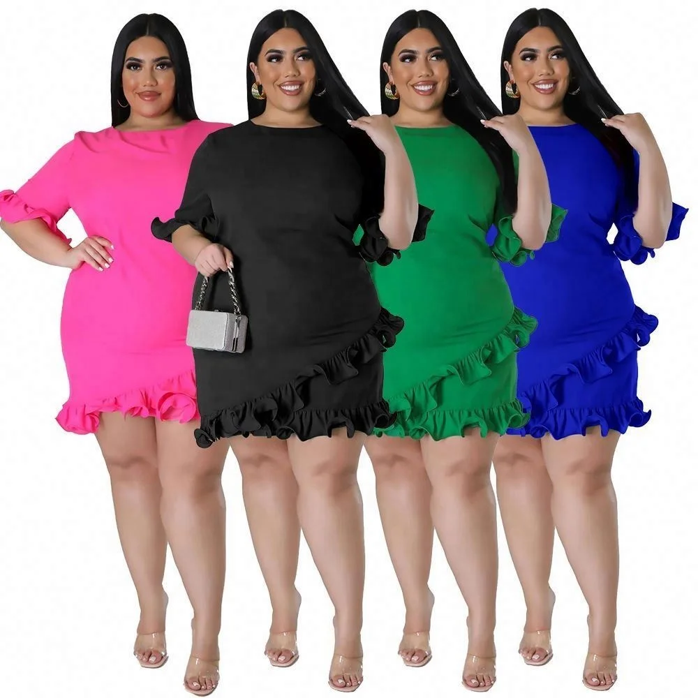 Hot Sale   Fast Shipping Plus Size Dress Casual & Formal Mini Dresses Short Ruffle Sleeve Crew Neck For Fat Ladies