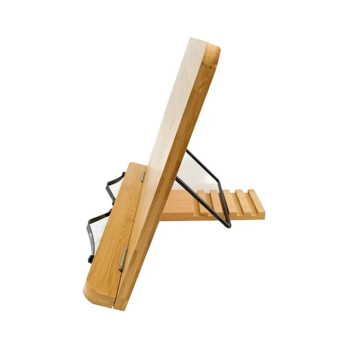 Addreen natural bamboo portable adjustable table book tray holder recipe book holder bamboo book stand  with Page Paper Clips