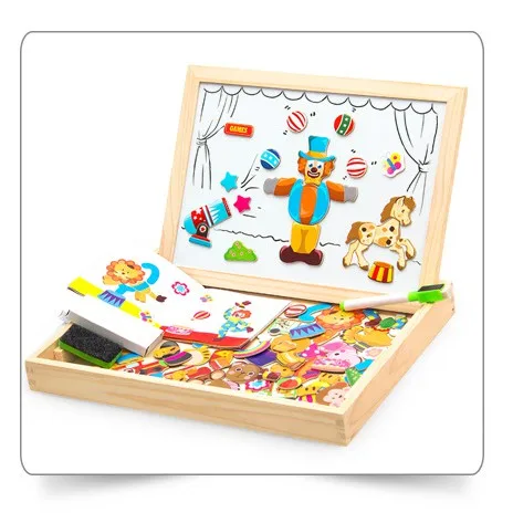 Educational Wooden Toy Double-sided Drawing Board Magnetic Jigsaw  Circus Puzzle