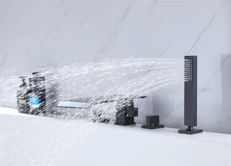 Lusa Wholesale Hot Sales Dual Handle Solid Brass Waterfall Bathroom Tub  4 holes Mouted Mixer with Shower Bathtub Faucet