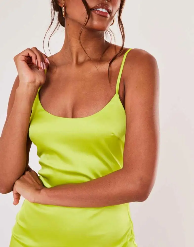 
custom summer women sexy neon green slip stretch satin bodycon mini dress 
