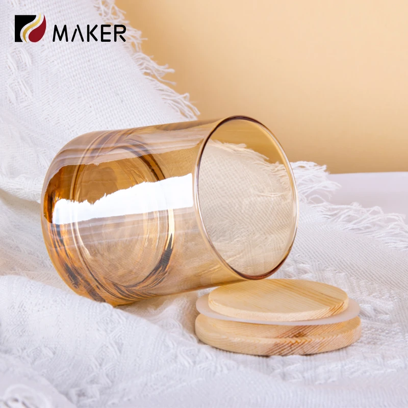 Iridescent Wholesale Holographic Glass Holder Empty Luxury Custom Candles Jars With Wooden Lids For Candle Making
