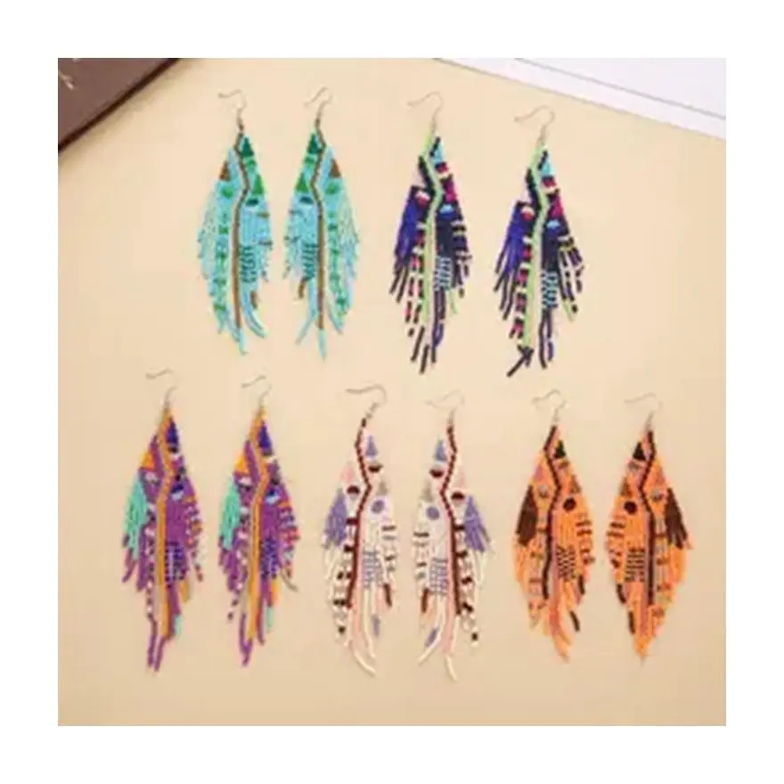 Fashion Bohemian Colorful Pattern Seed Bead Tassel Statement Earring Handmade Vintage Style Miyuki seed Beaded Earrings