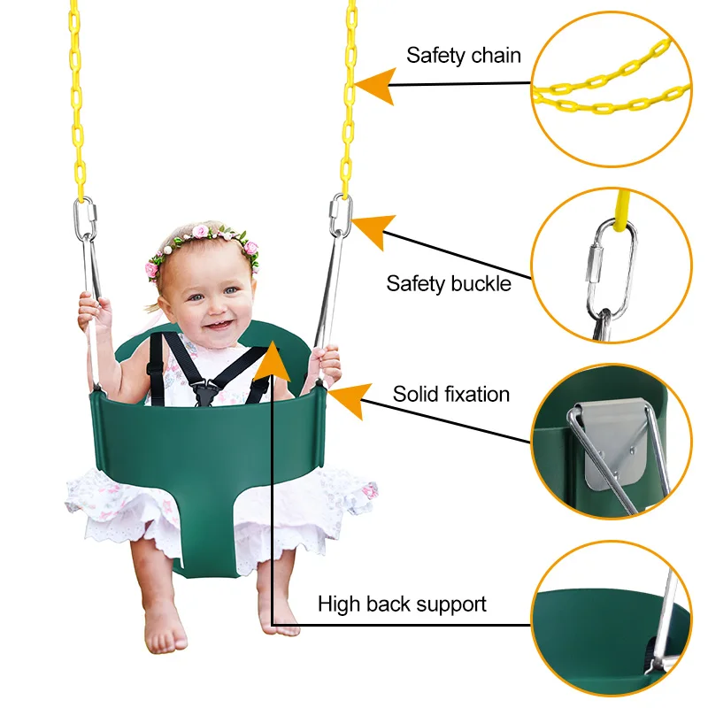 Kids Outdoor Playground Plastic High Back Full Bucket Toddler Swing Seat Coated Swing Chains Fully Assembled Toddler Swing Set