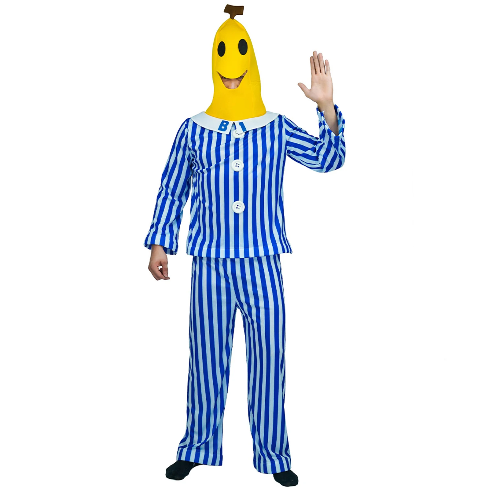 Adults Halloween Costume, Hospital Top Pants Suit, Blue Striped Banana Head Cosplay Patient Face Piece Outfit for Party Carnival