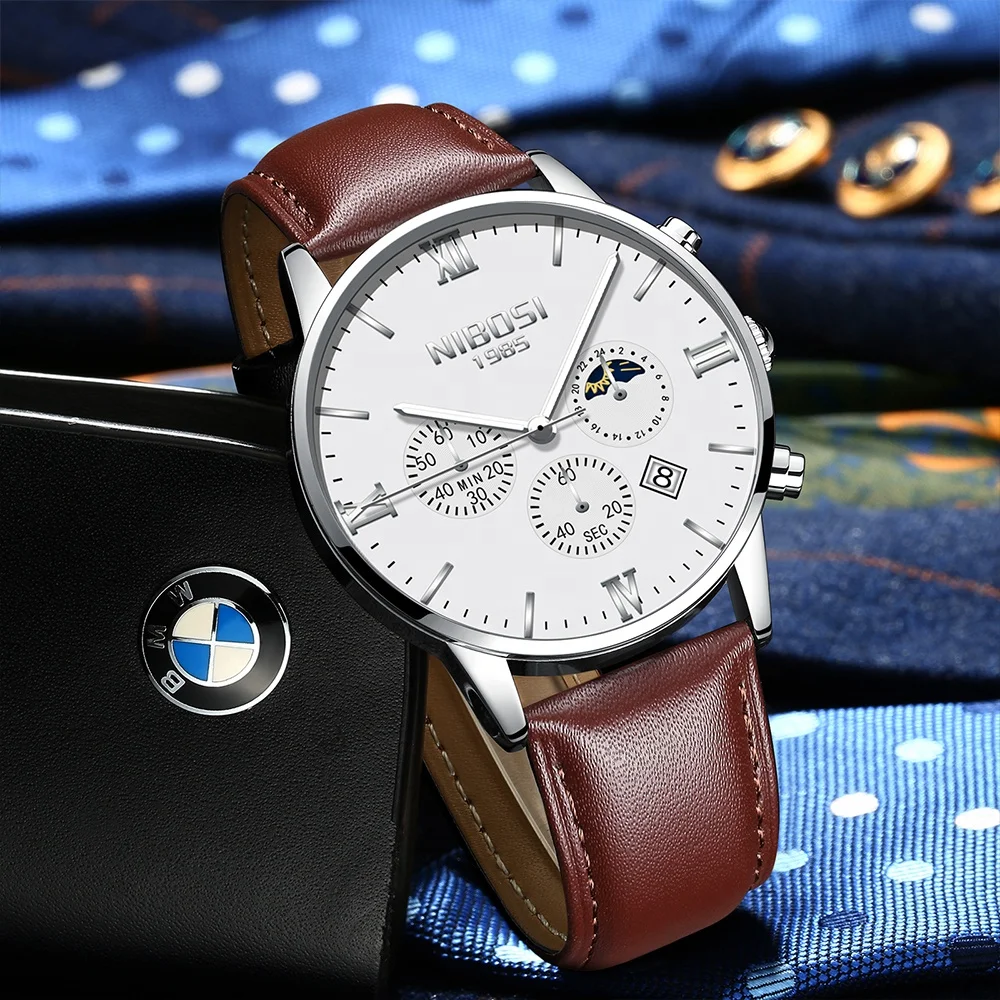 NIBOSI 2325 Fashion Mens Watches Top Brand Luxury Big Dial Quartz Watch Leather Waterproof Sport Chronograph Watch Men