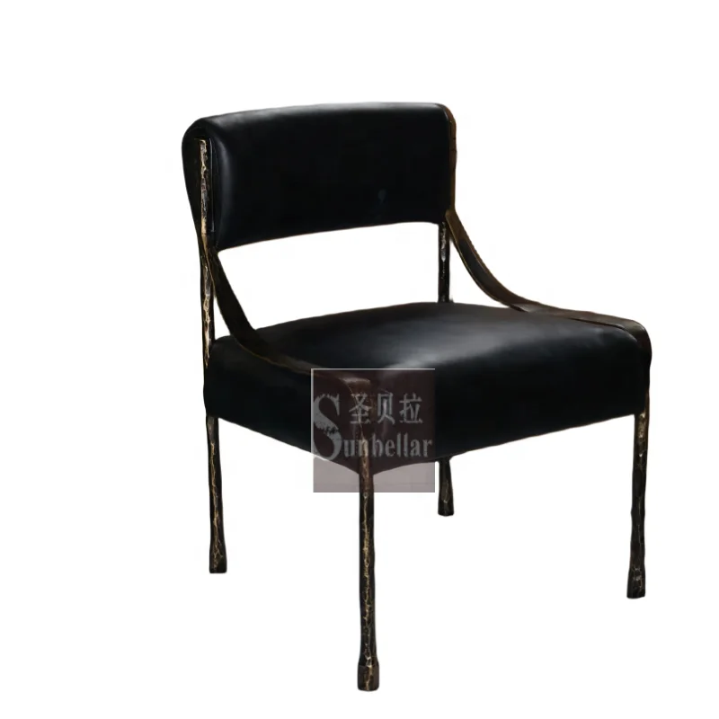 wholesale black leather dining side chair luxury genuine leather metal forged iron chair with back dining room hotel restaurant