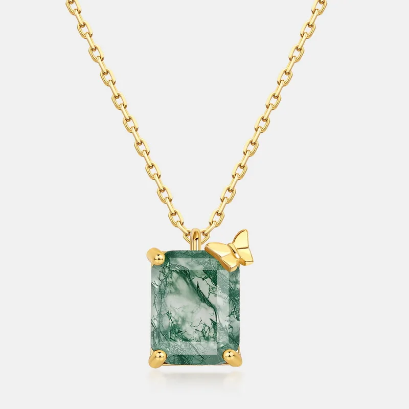 S925 sterling silver Simple Rectangular Shaped Green Moss agate Pendant necklace jewelry