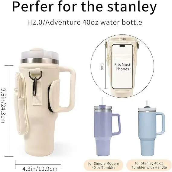 Portable Neoprene Water Bottle Carrier Bag for Stanley Tumbler with Zipper Pocket and Adjustable Strap for Hiking