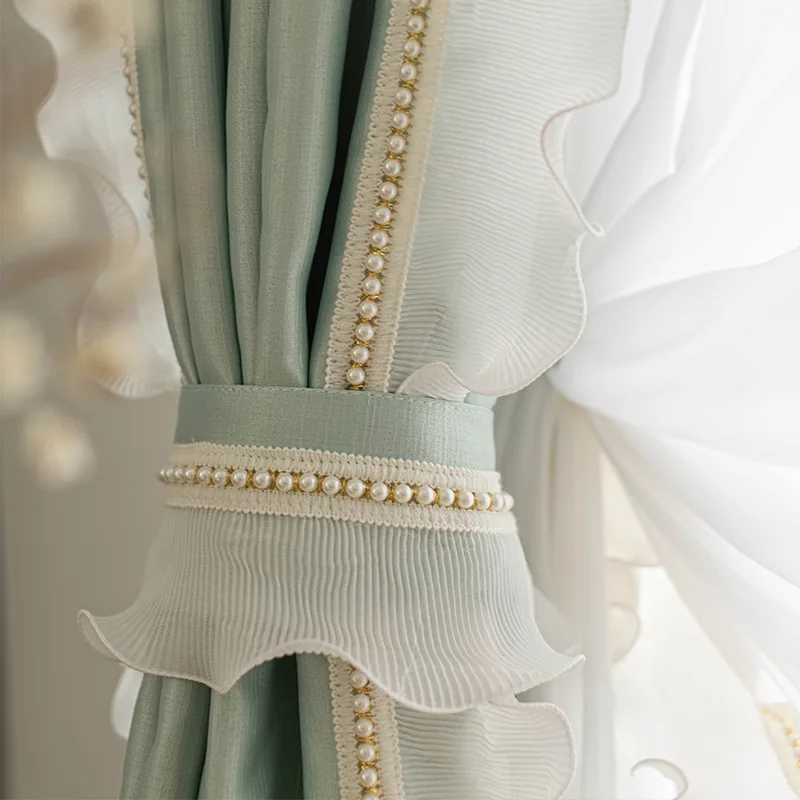 French Rococo light luxury romantic tend curtain cheap thickened shading Green grey velvet embroidered lace curtains for bedroom