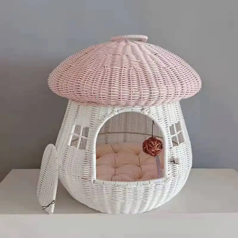 Pet Carrier Pet Bed Rattan Woven Bed Mushroom House Cat Nest Outdoor Home