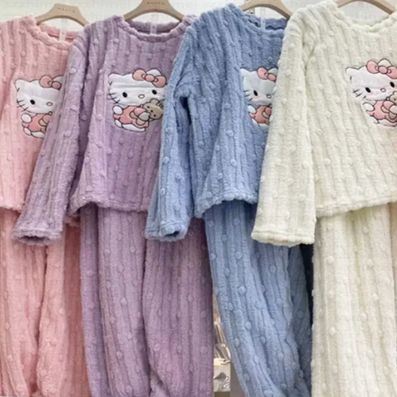Cheap Wholesale New Cartoon Helloed Cat Pajamas Flannel Winter Warm Plush Kitties Pyjamas Sets for Female Women Girls