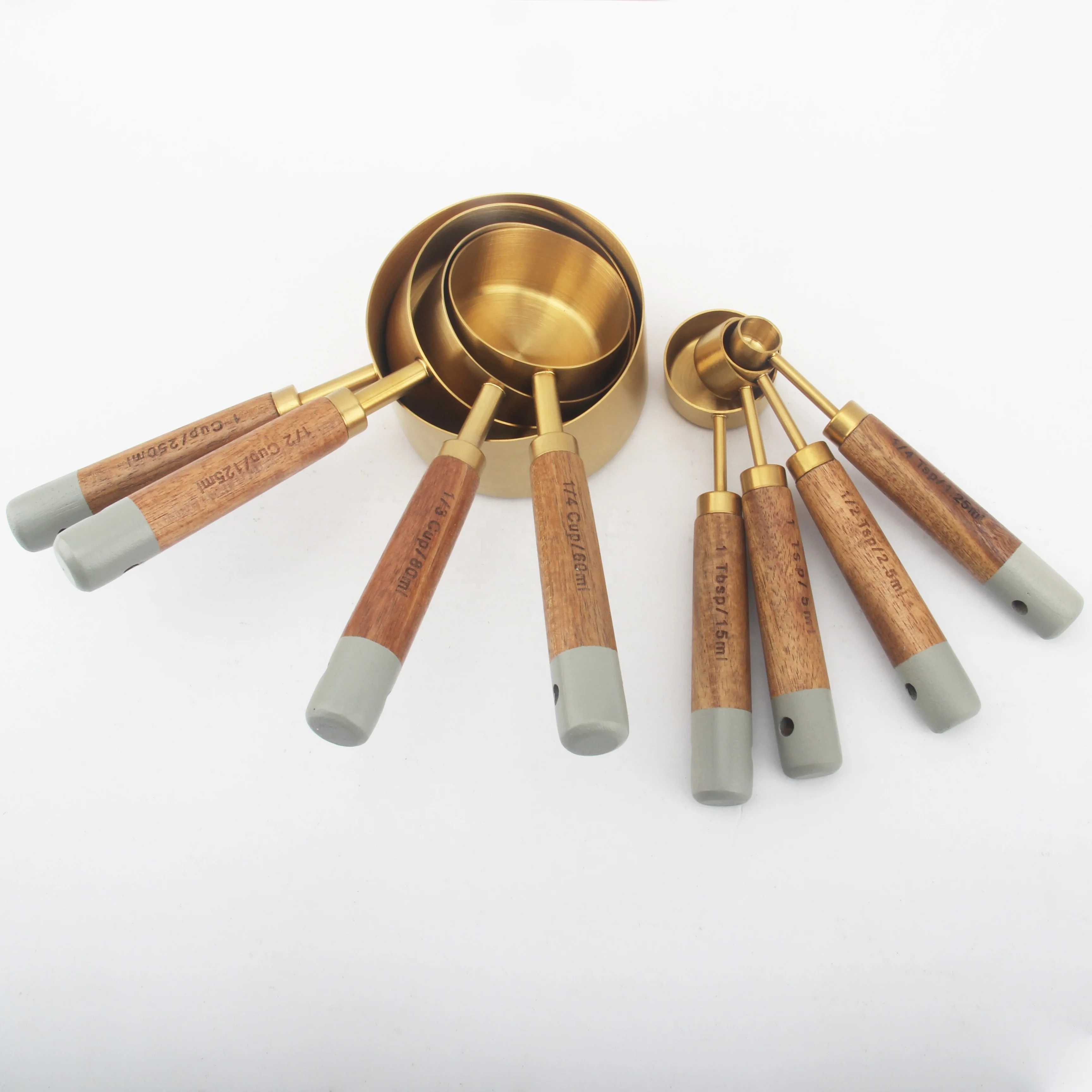 High Quality Gold Baking Measuring Cup Stainless Steel for Kitchen Tool Acacia Wooden Handle Spoons Set