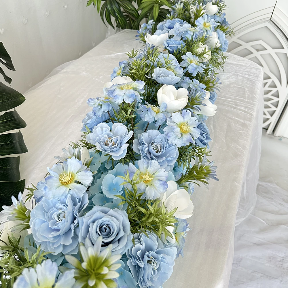 Высокое качество 200 см выдвижной стол бегун светло-синие Искусственные цветы зеленые листья красивые DIY украшения для свадебной вечеринки