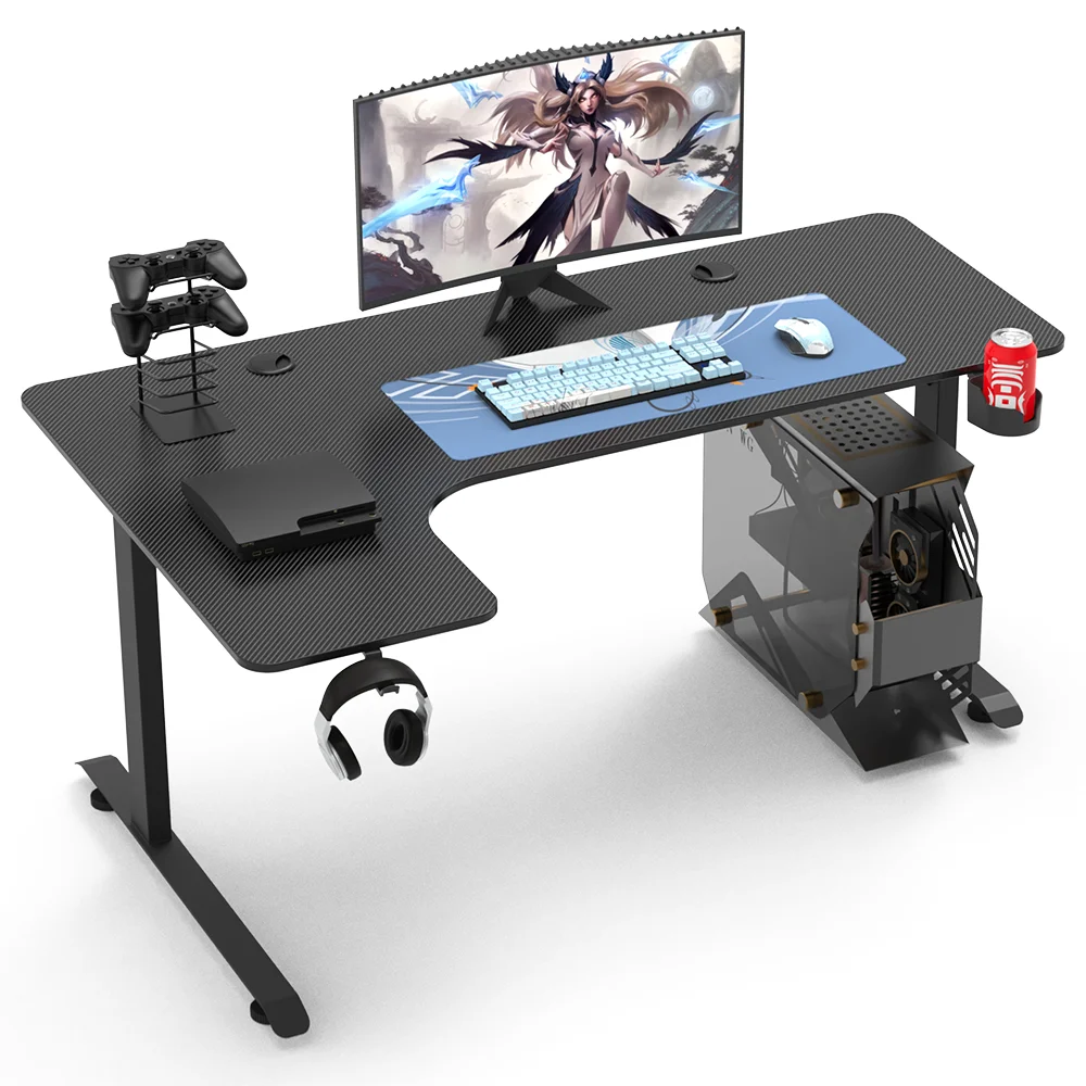 L Shaped White Color Surface Carbon Fiber Board Metal Feet Gaming Desk Left Direction
