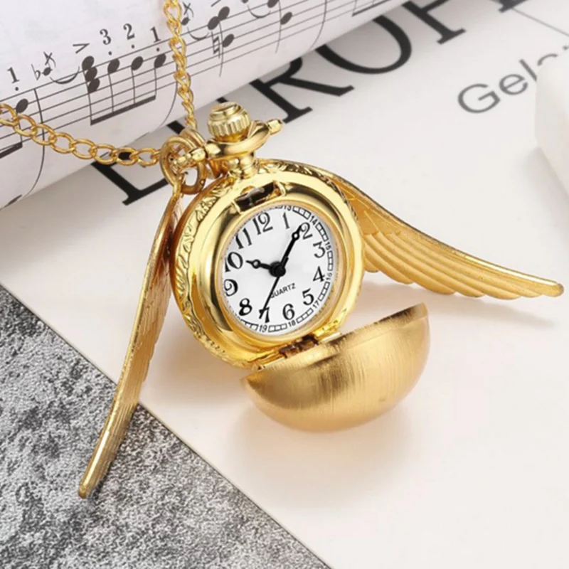 Retro Pocket Watch Necklace with Quartz Movement Silver Case Antique Style Featuring Golden Angel Wings Ball Heart