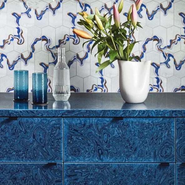 High luxury chinese opera waterjet tile art pattern cloisonne Mosaic with a blue flow pattern wire cutting process marble mosaic