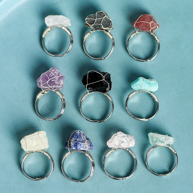 Wholesale Handmade Adjustable Ring Irregular Natural Stone Wire Wrapped Crystal Raw Stone Ring for Wedding Favors